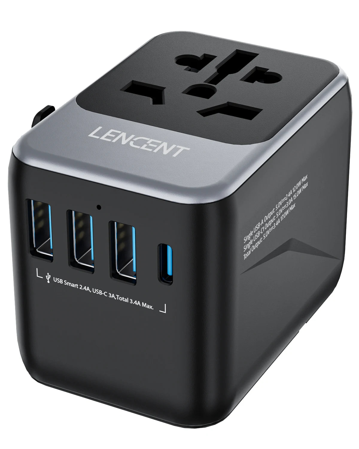 LENCENT Universal Travel Adapter with 3 USB Ports & Type-C PD Charging - EU/UK/USA/AUS Plug, All-in-One Travel Charger