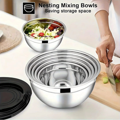 17pcs Stainless Steel Mixing Bowl Set with Lids and Grater Attachment – Non-Slip Kitchen Gadget for Mixing and Serving