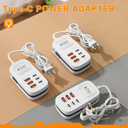 6-Port USB-C Charging Station – Fast-Charging Desktop Power Strip with 3 USB-C Ports, 3 USB-A Ports, and EU/UK/US Plug Options