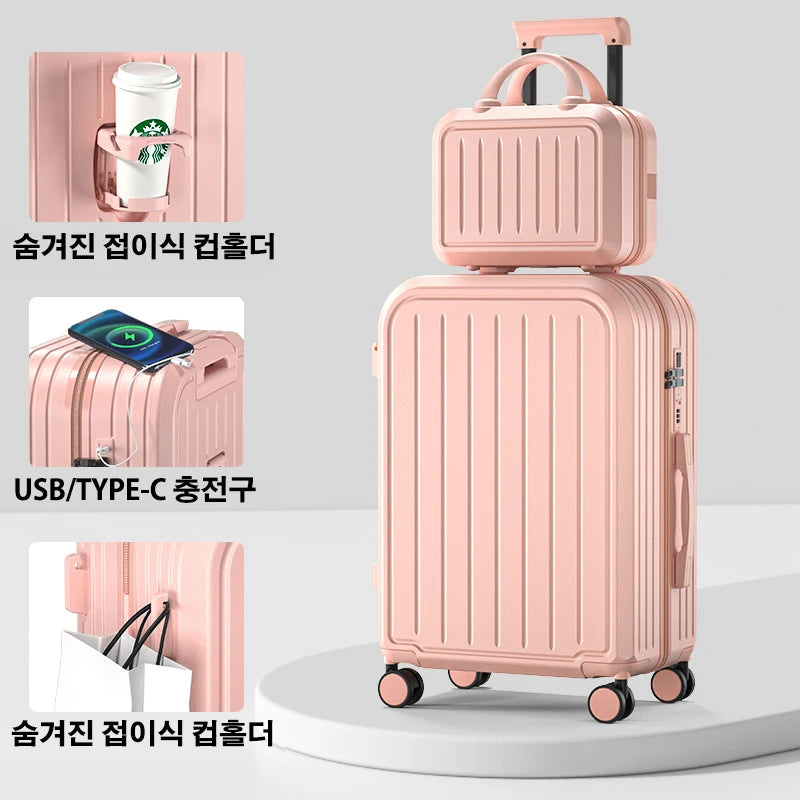 Large Capacity Trolley Suitcase – 20/22/24/26/28" Travel Luggage with Cup Holder for Business & Leisure