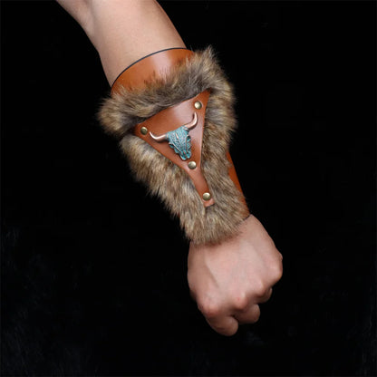 Medieval PU Leather Armor Arm Warmers – Fur Trim Bracer, Lace-Up Viking Knight Gauntlet Wristband Cosplay Props