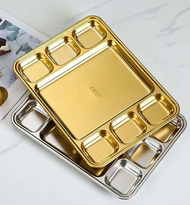 Gold Stainless Steel Divided Dining Plate – Compartment Food Serving Tray Kitchen Tableware