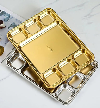 Gold Stainless Steel Divided Dining Plate – Compartment Food Serving Tray Kitchen Tableware