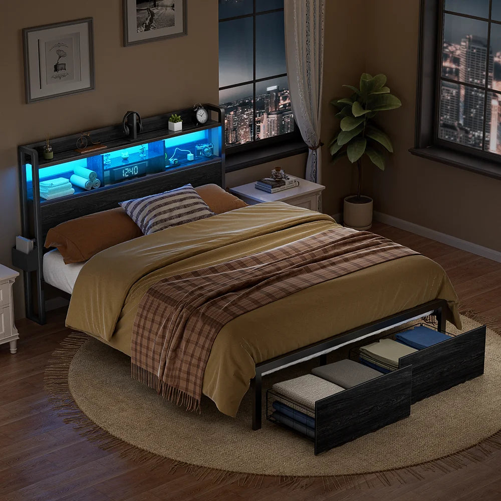 Full/Queen Bed Frame with Storage Headboard – Metal Platform Bed with Drawers, LED Lights & Built-In Charging Station