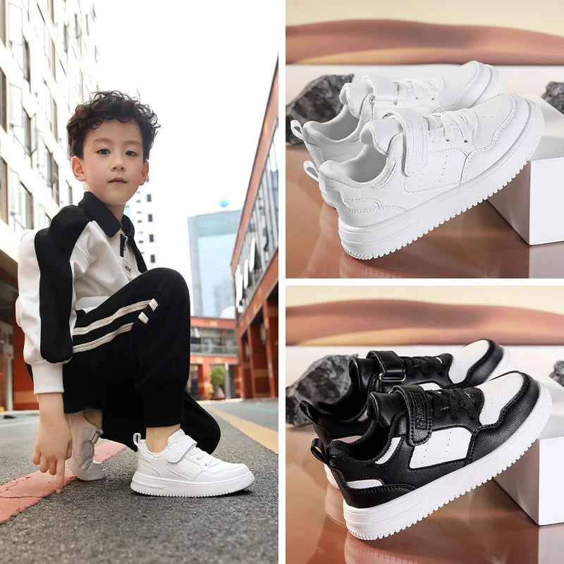 Children’s Black Leather Sneakers – Non-Slip Casual Flat Walking Shoes for Boys & Girls, Lightweight Student Sports Footwear