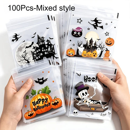 100-Piece Halloween Treat Bags - Clear Self-Sealing Candy, Cookie, and Trick-or-Treat Goodie Bags