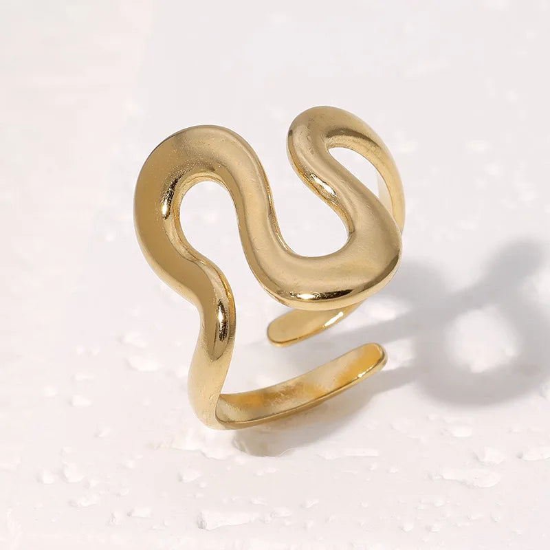 Stainless Steel Irregular Wave Adjustable Ring – Creative Gold Statement Jewelry for Women & Men