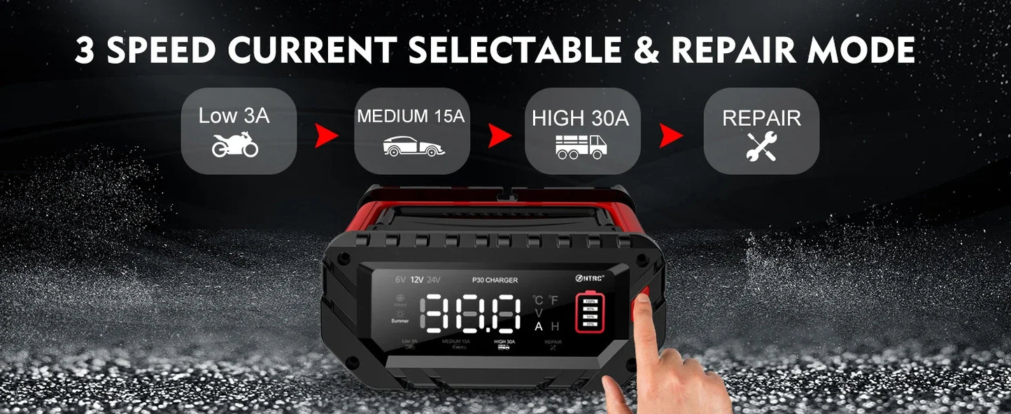 12V/30A & 24V/16A Smart Car Battery Charger — 6V/10A Motorcycle Battery Repair for AGM, GEL, Lithium & LiFePO4 Batteries