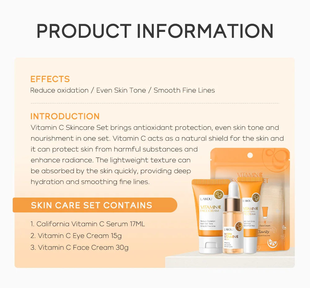 LAIKOU 3pcs Vitamin C & 24K Gold Sakura Skincare Set — Moisturizing Face Cream, Serum & Eye Cream, Anti-Wrinkle Face Care Kit