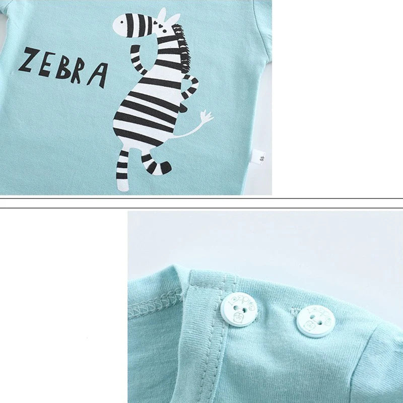 Kid Boy Summer 2-Piece Set – Soft Cotton Short Sleeve Tee & Stripe Shorts with Cartoon Zebra Print, Casual Sportswear for Ages 1-6