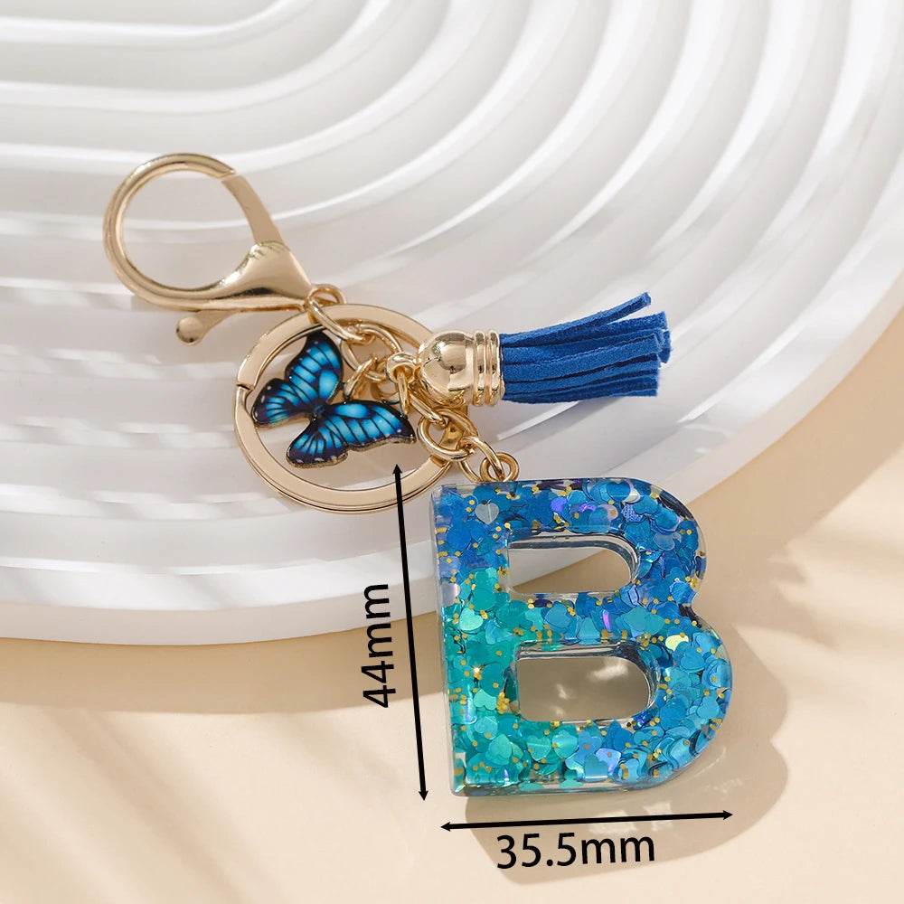 Royal Blue Butterfly Initial Keychain - Alloy Alphabet Letter & Tassel Backpack Charm