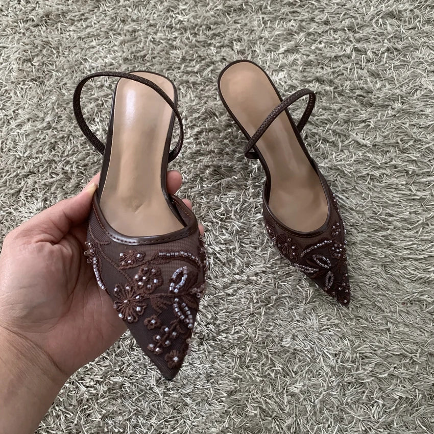 2026 Beaded Mesh Slingback Heels - Women's Pointed Toe Luxury Summer High Heel Sandals