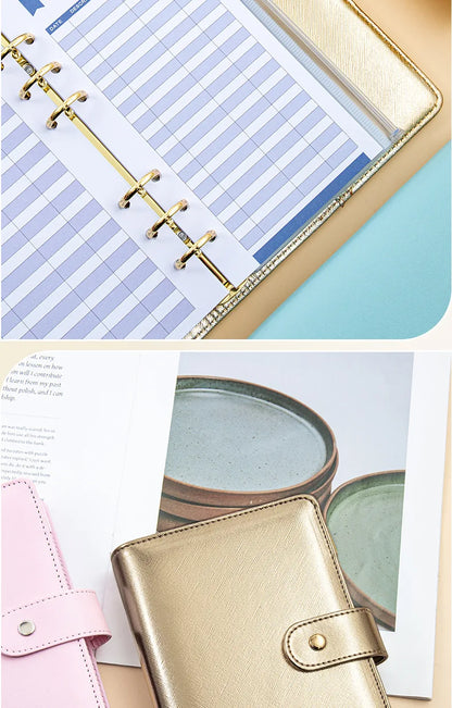 A6 Gold Ring Budget Planner Binder – Gold, Purple & Black with Zipper Cash Envelopes for Money Organization