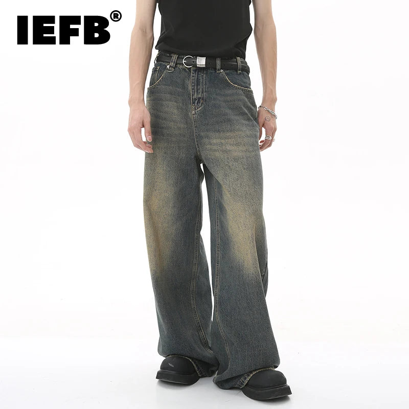 IEFB Men’s Summer Denim Jeans – Washed Blue Straight Loose Wide-Leg Casual Pants