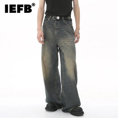 IEFB Men’s Summer Denim Jeans – Washed Blue Straight Loose Wide-Leg Casual Pants