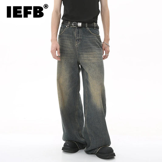 IEFB Men’s Summer Denim Jeans – Washed Blue Straight Loose Wide-Leg Casual Pants