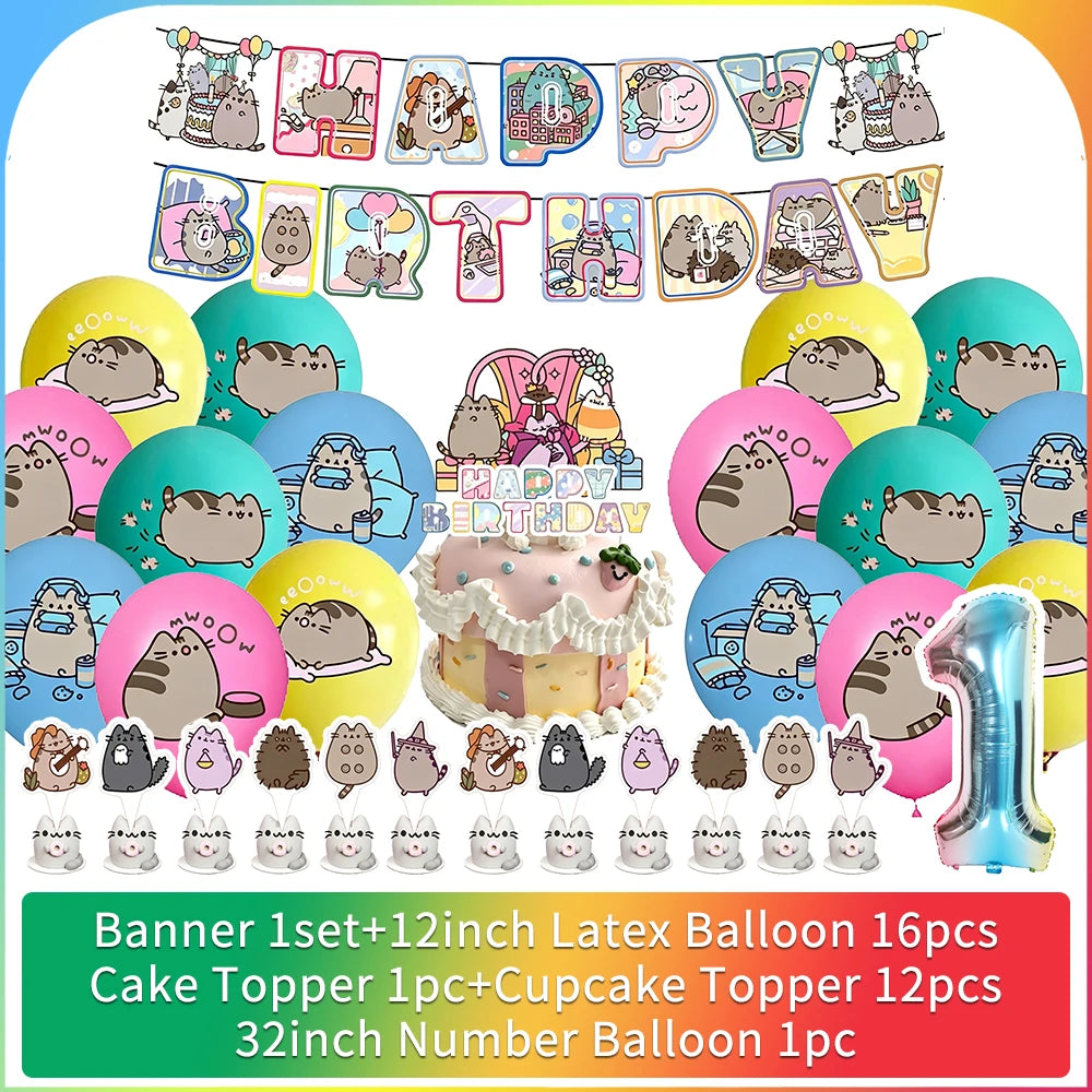 Cute Cat Birthday Party Decorations - Kawaii Balloon Set, Cake Toppers, Bunting Banner, and Party Backdrop Supplies