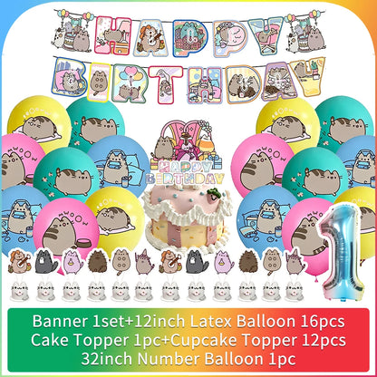 Cute Cat Birthday Party Decorations - Kawaii Balloon Set, Cake Toppers, Bunting Banner, and Party Backdrop Supplies