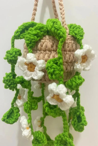 Cute Crochet Potted Plants Car Basket – Hanging Car Decor & Rear View Mirror Ornament Accessories