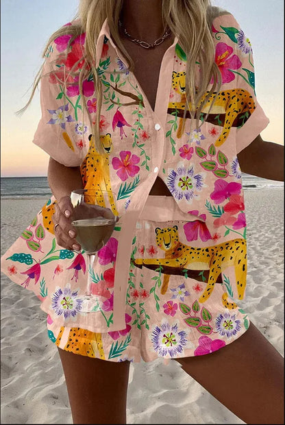 Women’s Summer 2-Piece Set – Lapel Short-Sleeve Shirt & Shorts, Elegant Loose Printed Outfit