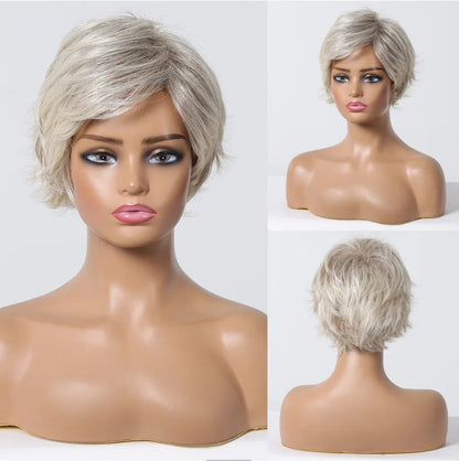 Platinum Blonde Short Pixie Cut Wig – 8 Inch Human Hair Wig with Bangs for Women, Soft Machine Made