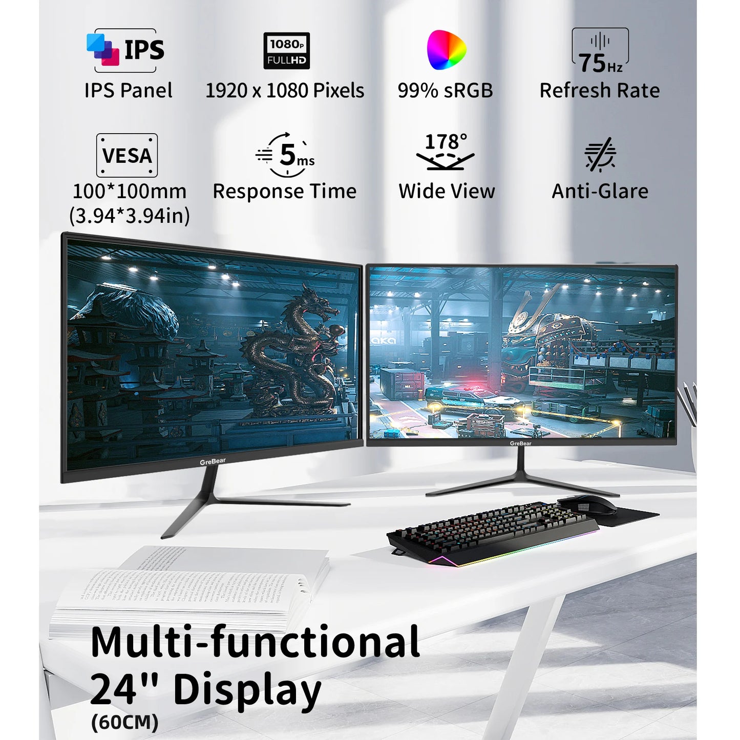 GreBear 24-Inch IPS Computer Monitor – FHD 1080p, 99% sRGB, Ultra Slim LED, 5ms Response, Low Blue Light
