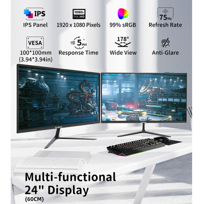 GreBear 24-Inch IPS Computer Monitor – FHD 1080p, 99% sRGB, Ultra Slim LED, 5ms Response, Low Blue Light