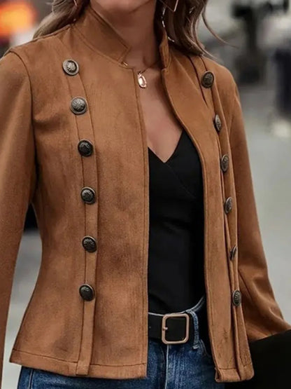 Vintage Women's Black Double-Breasted Jacket Coat – Casual Long-Sleeve Deerskin Fashion for Fall & Winter