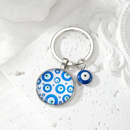 Round Flower Blue Evil Eye Hamsa Keychain – Boho Turkish Lucky Eye Fatima Hand Bag & Car Keyring for Women & Men Protective Charm Gift