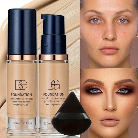 2PCS Waterproof Liquid Foundation Set - Matte Full Coverage Makeup with Black Triangle Powder Puff for Flawless Finish