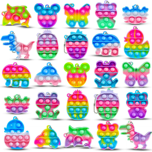 10/30/50PCS Rainbow Keychain Fidget Toys – Kawaii Cartoon Sensory Stress Relief Keychains for Kids & Adults Party Favors
