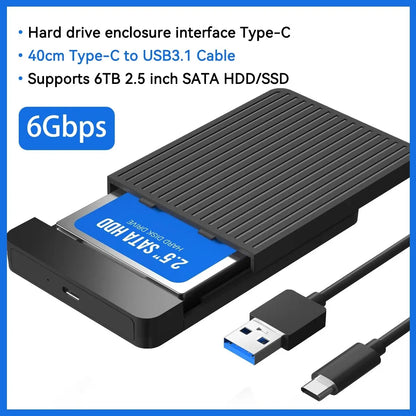2.5" SATA to USB 3.1/3.0 HDD/SSD Enclosure Case – 6Gbps External Hard Drive Adapter with USB-C Support for Fast Data Transfer