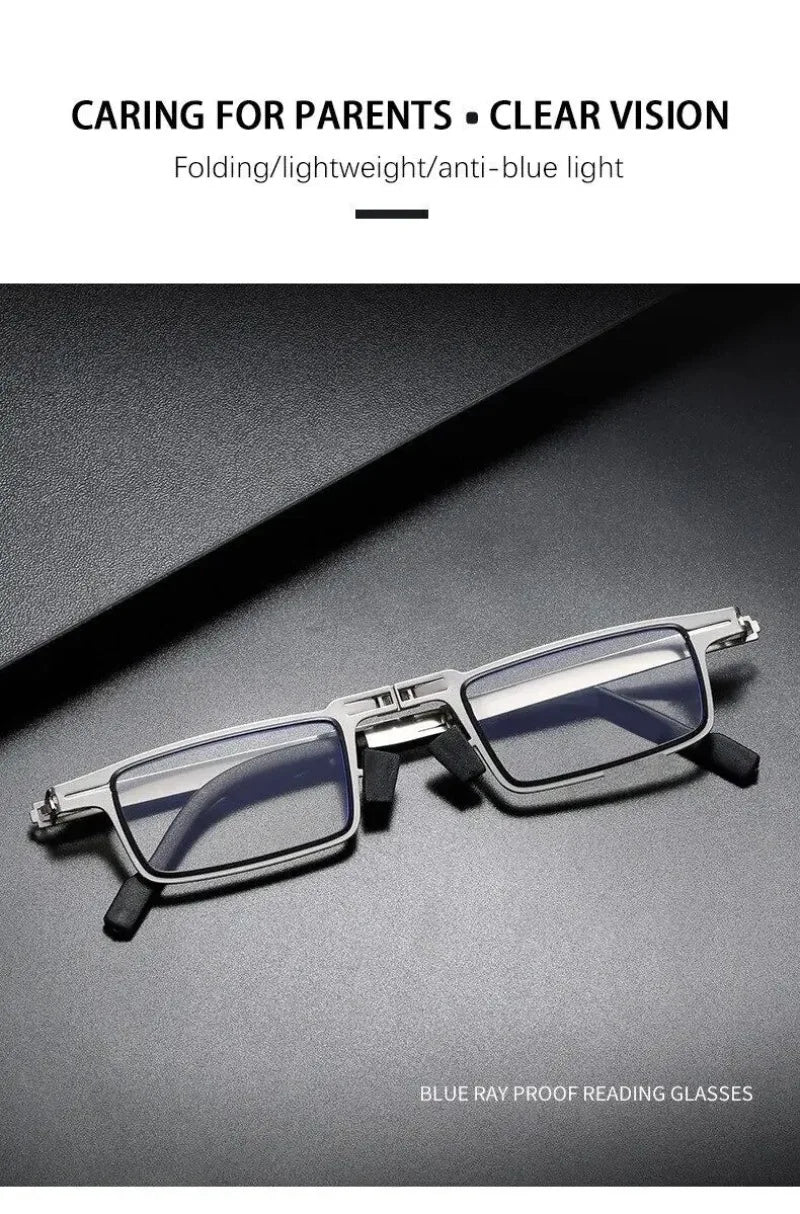 Unisex Folding Reading Glasses – Full Metal Frame, Transparent Lenses, Anti-Blue Light with Case