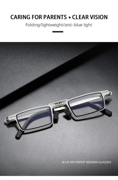 Unisex Folding Reading Glasses – Full Metal Frame, Transparent Lenses, Anti-Blue Light with Case