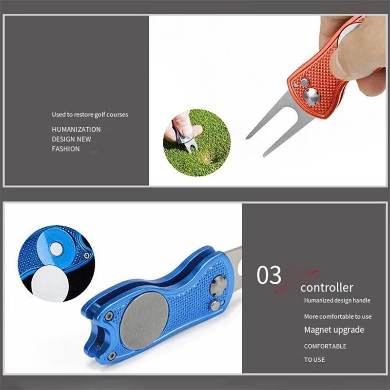 Foldable Golf Divot Repair Tool – Ball Marker & Groove Cleaner Putting Green Fork Accessory