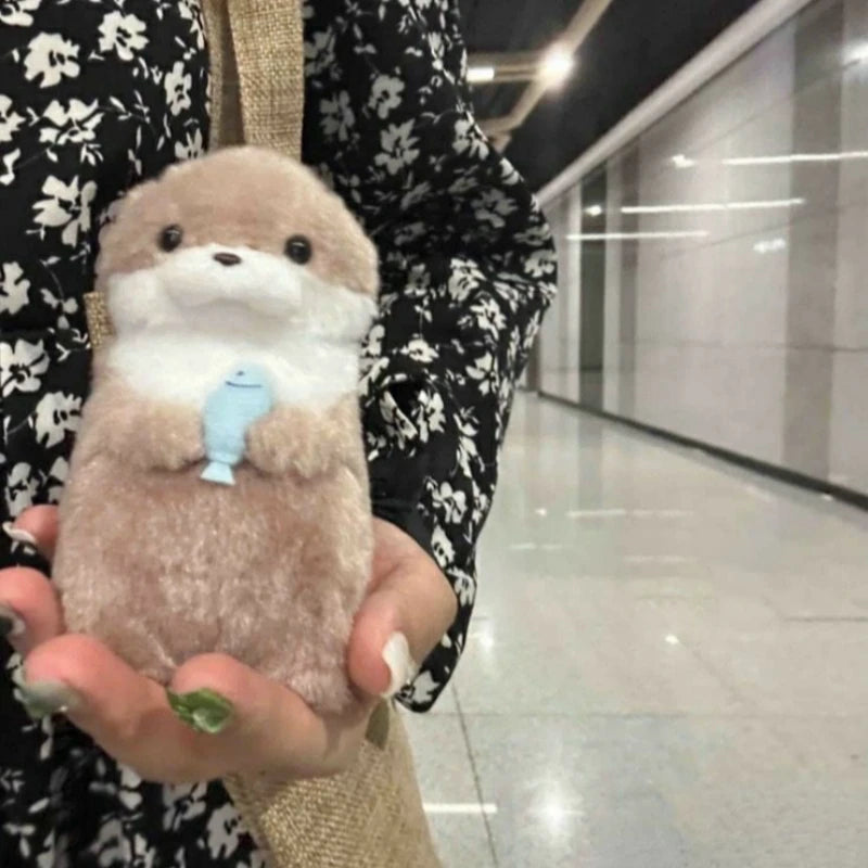 Cute Otters Holding Fish Plush Keyring - Lightweight Hanging Pendant, School Bag, Key Wallet & Toy Gift (11cm)