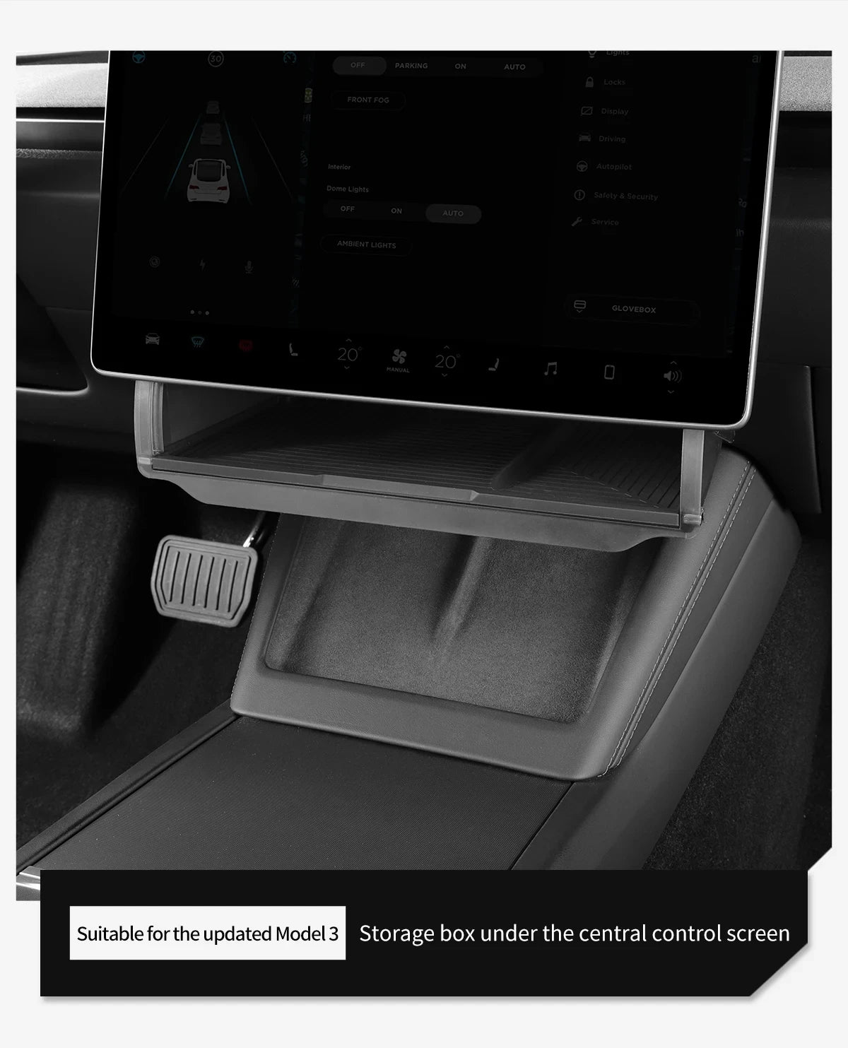 Hidden Under-Screen Storage Box for Tesla Model 3 Highland & Model Y 2024 LHD – Center Console Organizer Tray