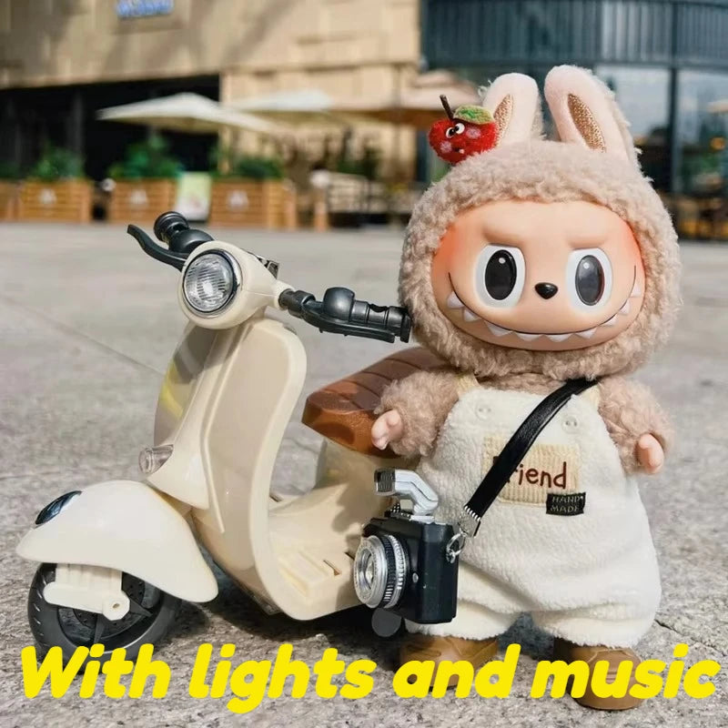 Labubu Doll Mini Electric Motorcycle – Cute Doll Toy with Lights and Music, DIY Accessories, Fun Christmas Gift for Kids