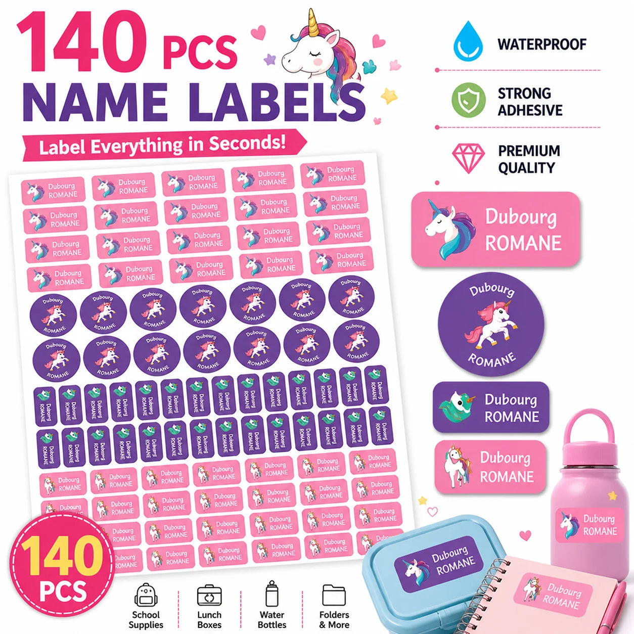 140PCS Custom Waterproof Name Stickers - Cartoon Personalized Labels for Clothes & Personal Items
