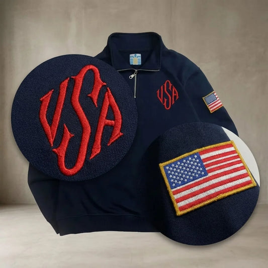 Men’s Y2K American Flag Embroidered Hoodie – Quarter Zip Streetwear Sweatshirt Navy Blue White Patch Sleeve Casual Pullover Sweater