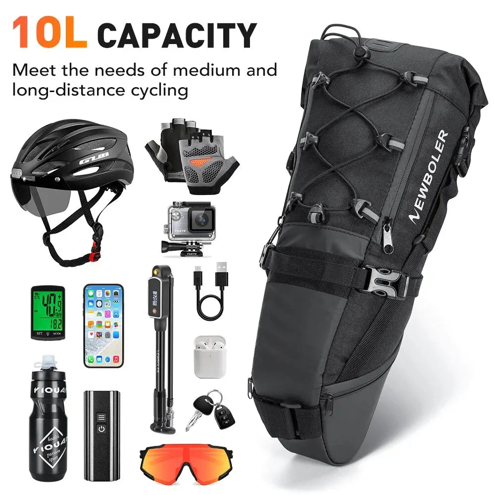 NEWBOLER Waterproof Bike Saddle Bag – 10L Large Capacity Foldable Rear Tail Bag for MTB, Road & Bikepacking