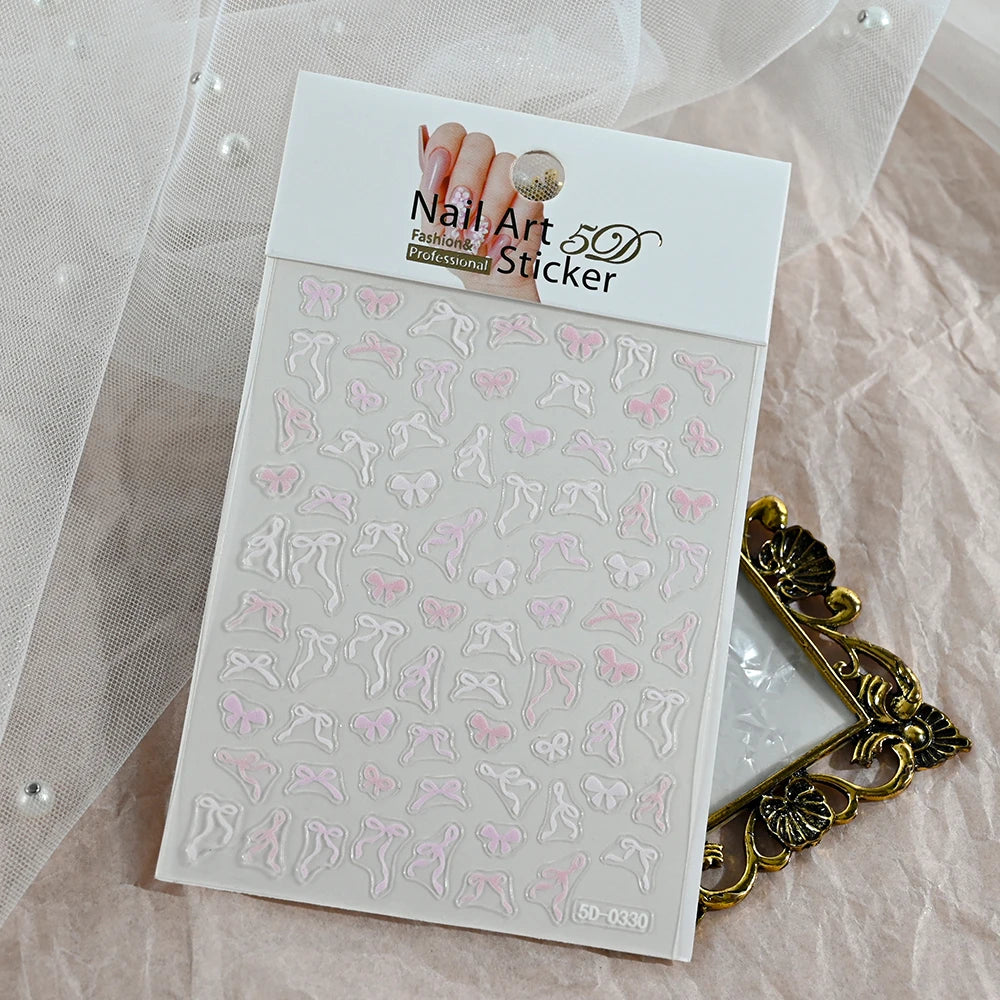 5D White Lace Bowknot Nail Art Stickers – Self-Adhesive Pearl Ribbon Luxury Nail Decals for DIY Manicure Decoration