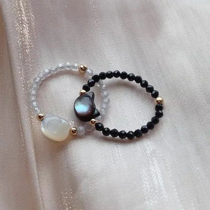 Mini Cat Moonstone Rings Set - Handmade Elastic Natural Obsidian Beaded Couple Rings for Men & Women Jewelry Gift