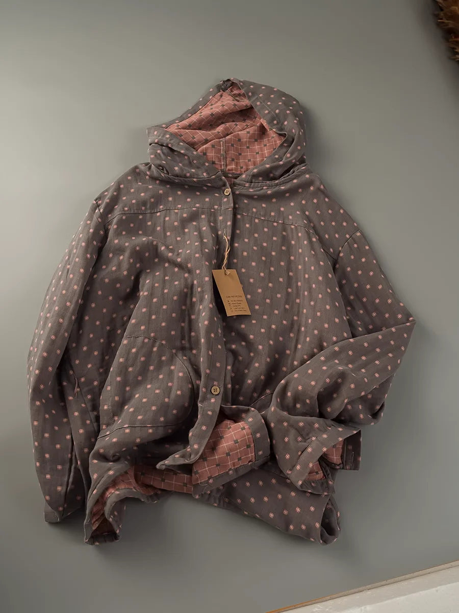 100% Cotton Plaid Hooded Shirt - Women's Casual Oversized Long Sleeve Top for Spring & Autumn
