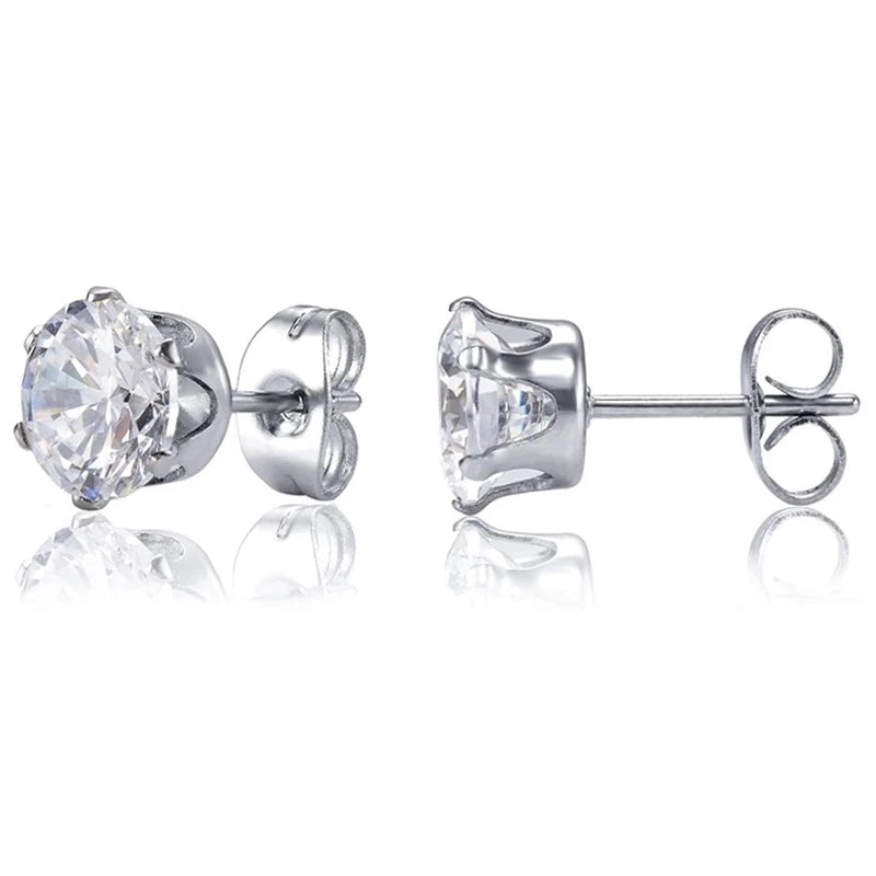 Unisex Stainless Steel Cubic Zirconia Stud Earrings Set (1–8 Pairs) – 6mm Minimalist Ear Piercing Jewelry for Men & Women