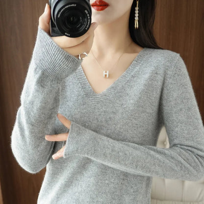 New Women’s Cashmere V-Neck Pullover – Lace Hollow Out Long Sleeve Knitted Sweater for Fall & Winter