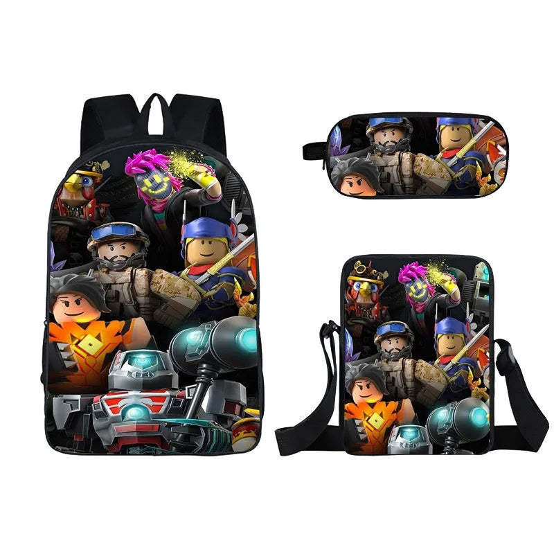 Kids Roblox 3-in-1 Backpack Set — School Bookbag, Shoulder Bag & Pencil Case Waterproof Travel Bag for Teens