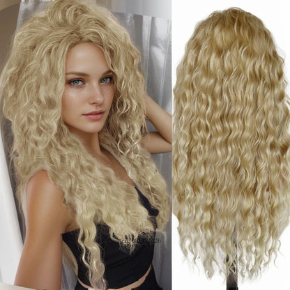 Ash Blonde Synthetic Wig – 26" Long Curly Ombre Hair, Fluffy Wave Wig for Women, Costume & Party Wig