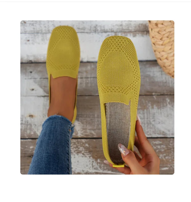 Solid Color Square Toe Mesh Loafers – Women’s Casual Slip-On Ballet Flats, Soft Bottom Knit Boat Shoes