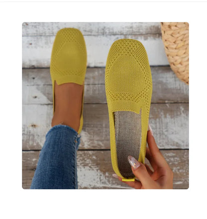 Solid Color Square Toe Mesh Loafers – Women’s Casual Slip-On Ballet Flats, Soft Bottom Knit Boat Shoes